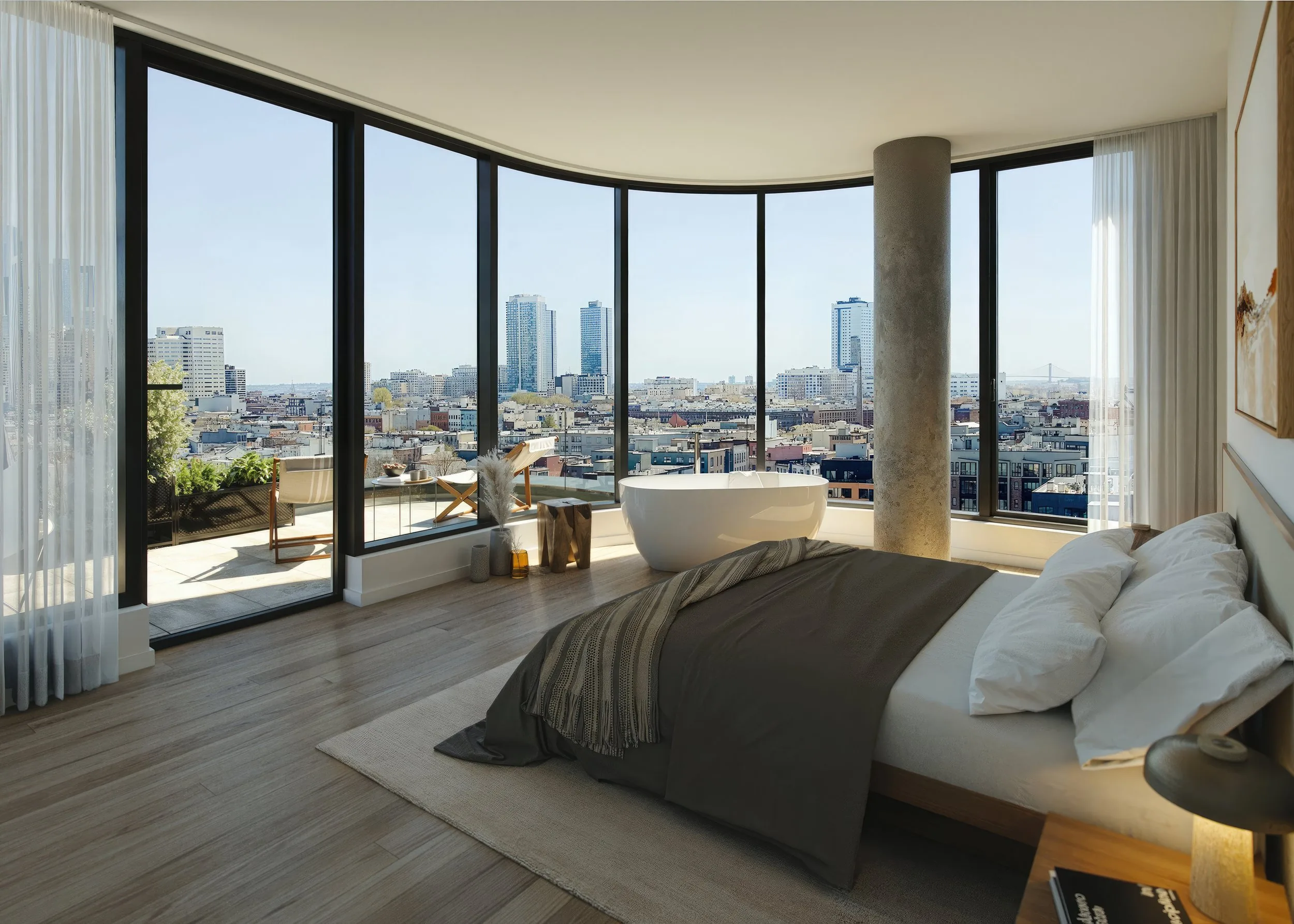 Primary bedroom with floor-to-ceiling glazing