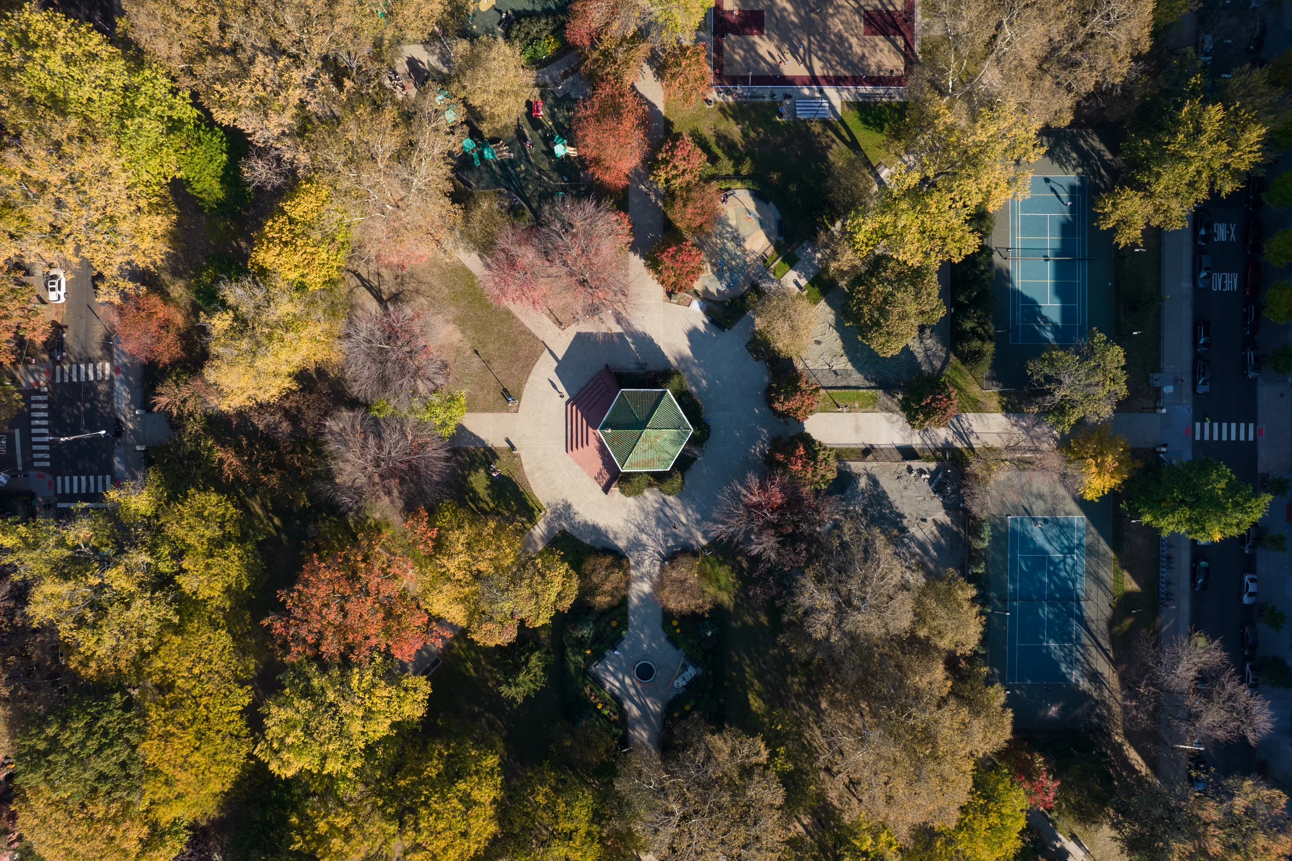 Autumn aerial view of the Hamilton Park square and its gazebo