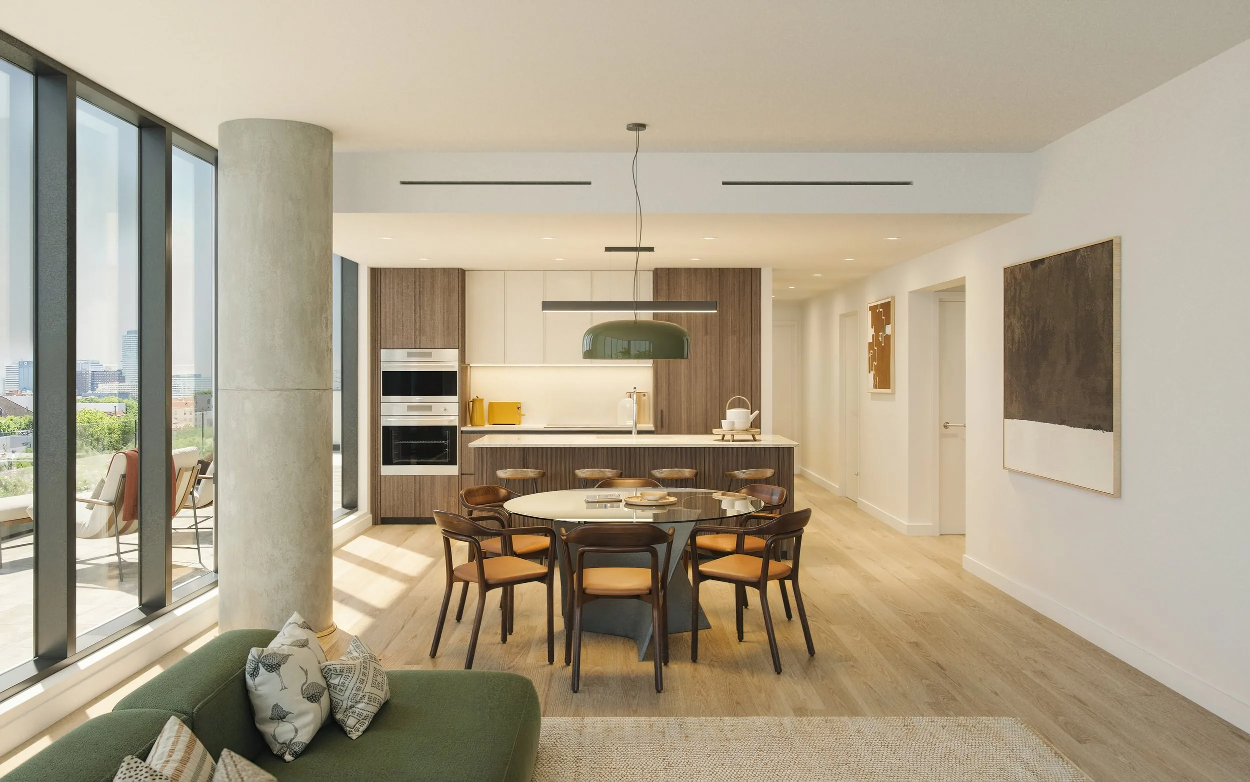 Open-plan kitchen, dining, and living with Garbelotto oak floors and terrace beyond